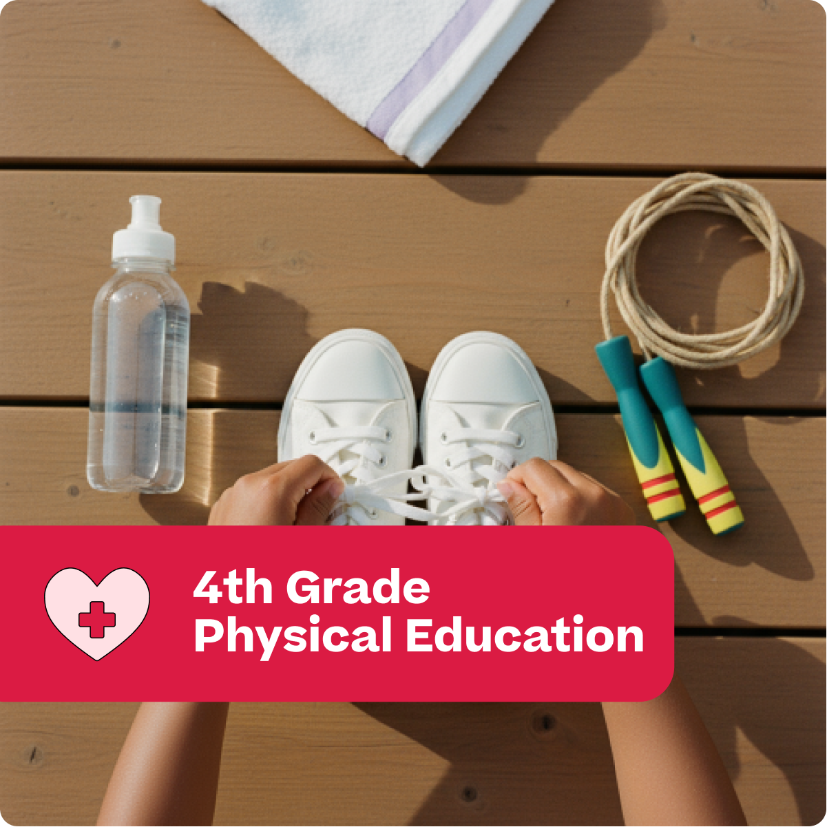White sneakers on a wooden surface with a water bottle, towel, and jump rope, labeled '4th Grade Physical Education'.