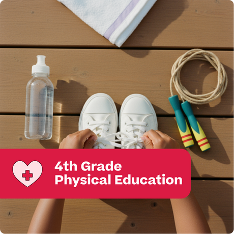 White sneakers on a wooden surface with a water bottle, towel, and jump rope, labeled '4th Grade Physical Education'.