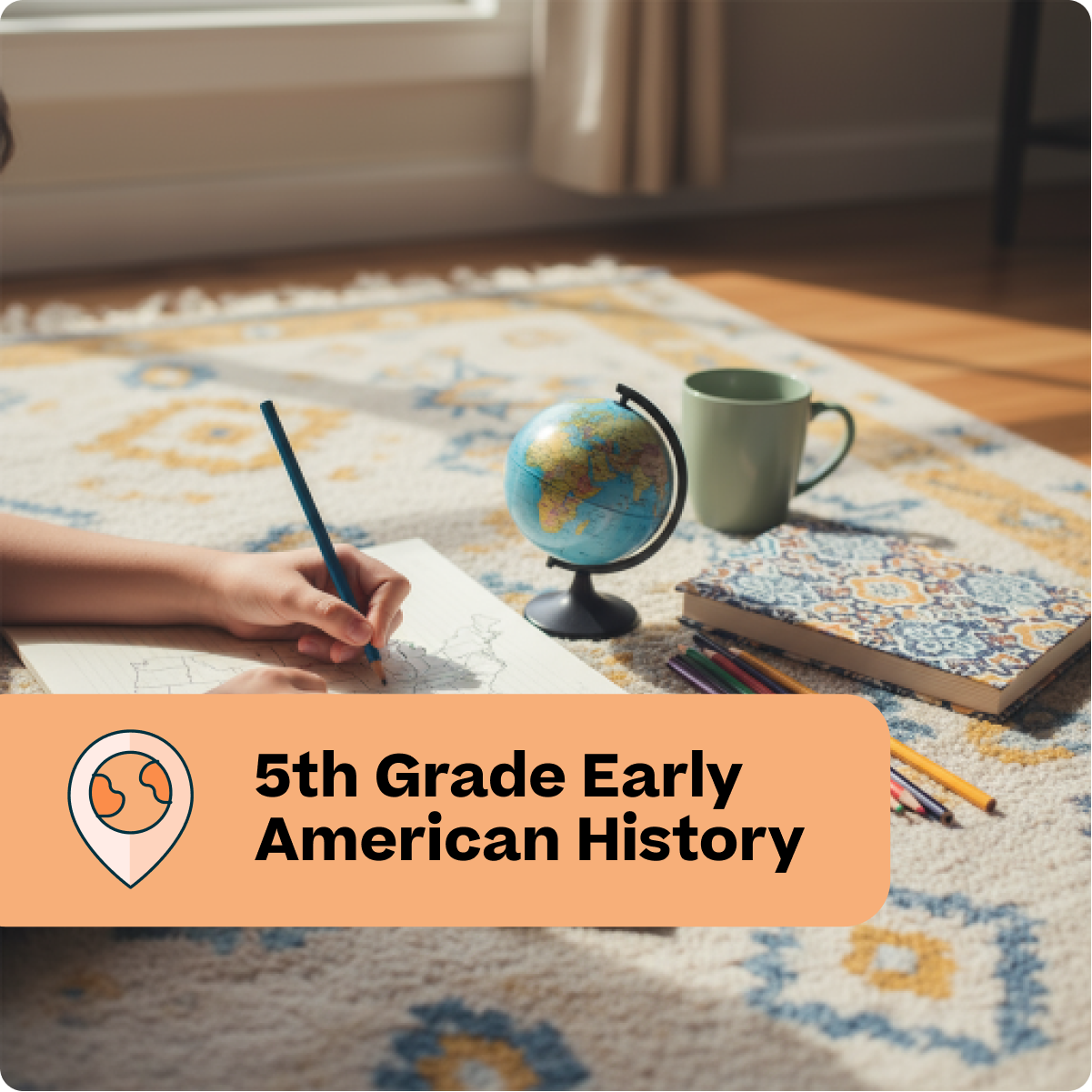 Person studying early American history with a globe, notebook, and mug on a patterned rug.