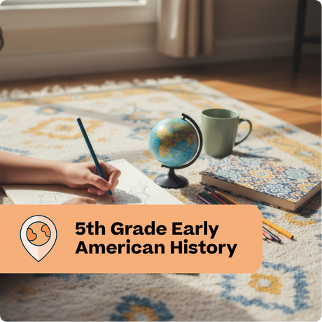 Person studying early American history with a globe, notebook, and mug on a patterned rug.