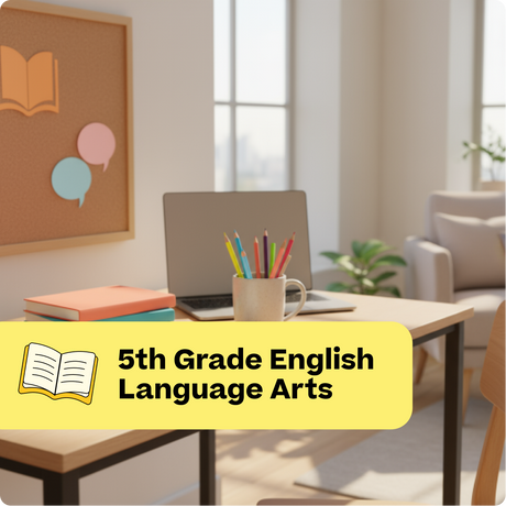 Study area with laptop, books, and colorful pencils on a table, labeled '5th Grade English Language Arts'.