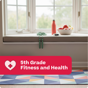 Window sill with a bottle, bowl of fruit, and green jump rope, with a red banner at the bottom reading '5th Grade Fitness and Health'.