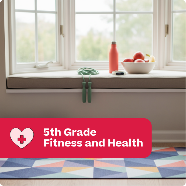 Window sill with a bottle, bowl of fruit, and green jump rope, with a red banner at the bottom reading '5th Grade Fitness and Health'.