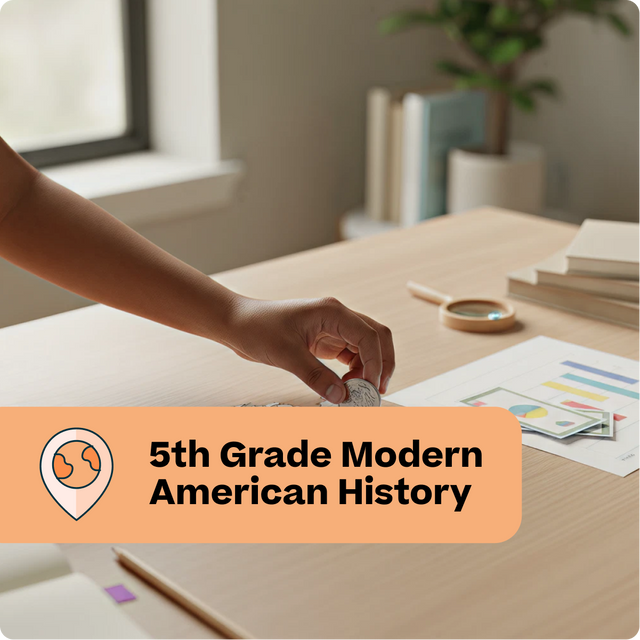 Person holding a coin on a desk with educational materials, labeled '5th Grade Modern American History'.
