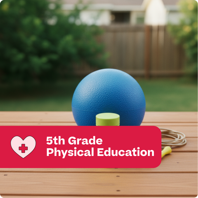 Blue exercise ball on a wooden surface with a '5th Grade Physical Education' label.