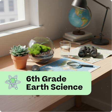 Educational setup on a desk with plants, globe, and books labeled '6th Grade Earth Science'.