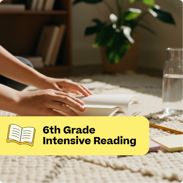 Person reading a book with a yellow banner labeled '6th Grade Intensive Reading' on a cozy living room rug.