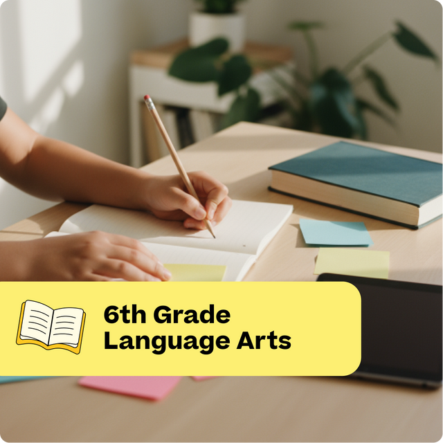 Person writing in a notebook with books and stationery on a table, labeled '6th Grade Language Arts'.