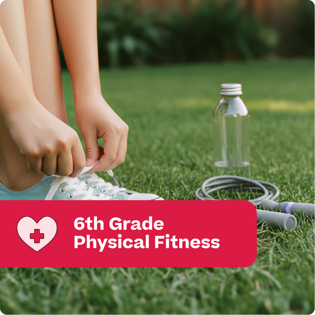 Person tying shoelaces on grass with a bottle and jump rope, labeled '6th Grade Physical Fitness'.