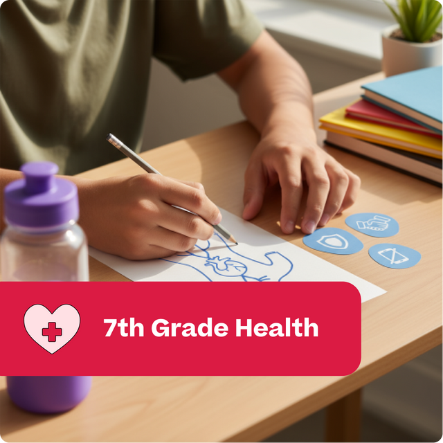 Person drawing a health-related illustration on paper with educational materials in the background, labeled '7th Grade Health'.