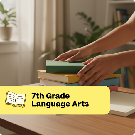 Hands arranging books on a table with '7th Grade Language Arts' text overlay.