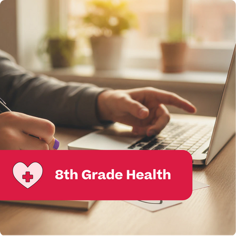 Person using a laptop with a '8th Grade Health' banner overlay