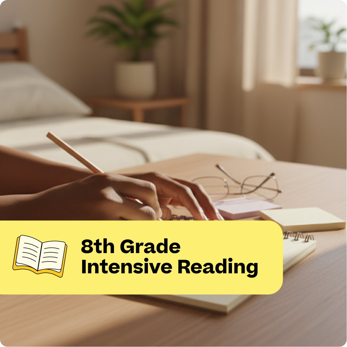 Person reading a book with '8th Grade Intensive Reading' label on a blurred bedroom background