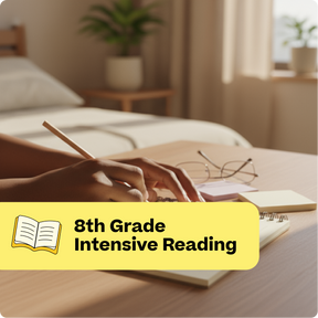 Person reading a book with '8th Grade Intensive Reading' label on a blurred bedroom background