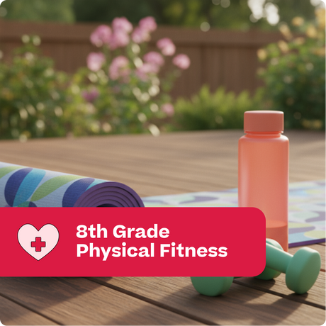 Yoga mat, water bottle, and dumbbells on a wooden deck with '8th Grade Physical Fitness' text overlay.