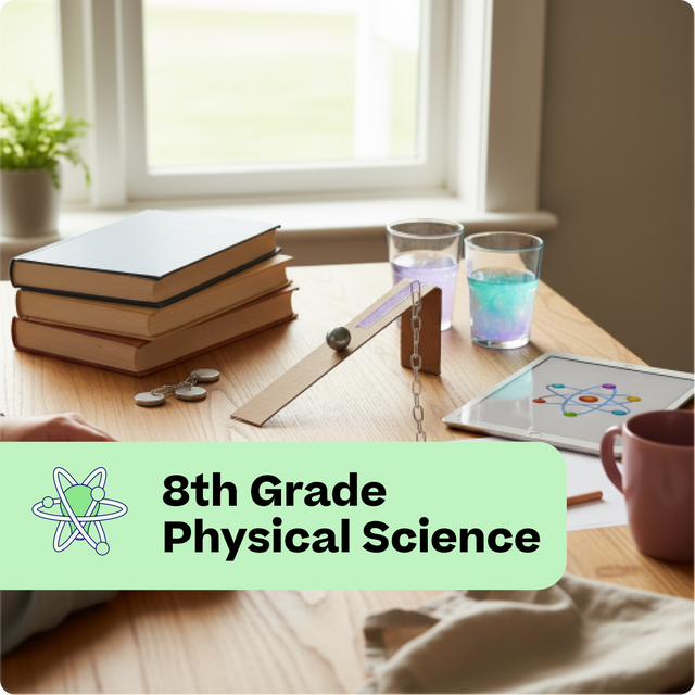 Educational setup with books, a tablet, and a cup on a table with '8th Grade Physical Science' text overlay.