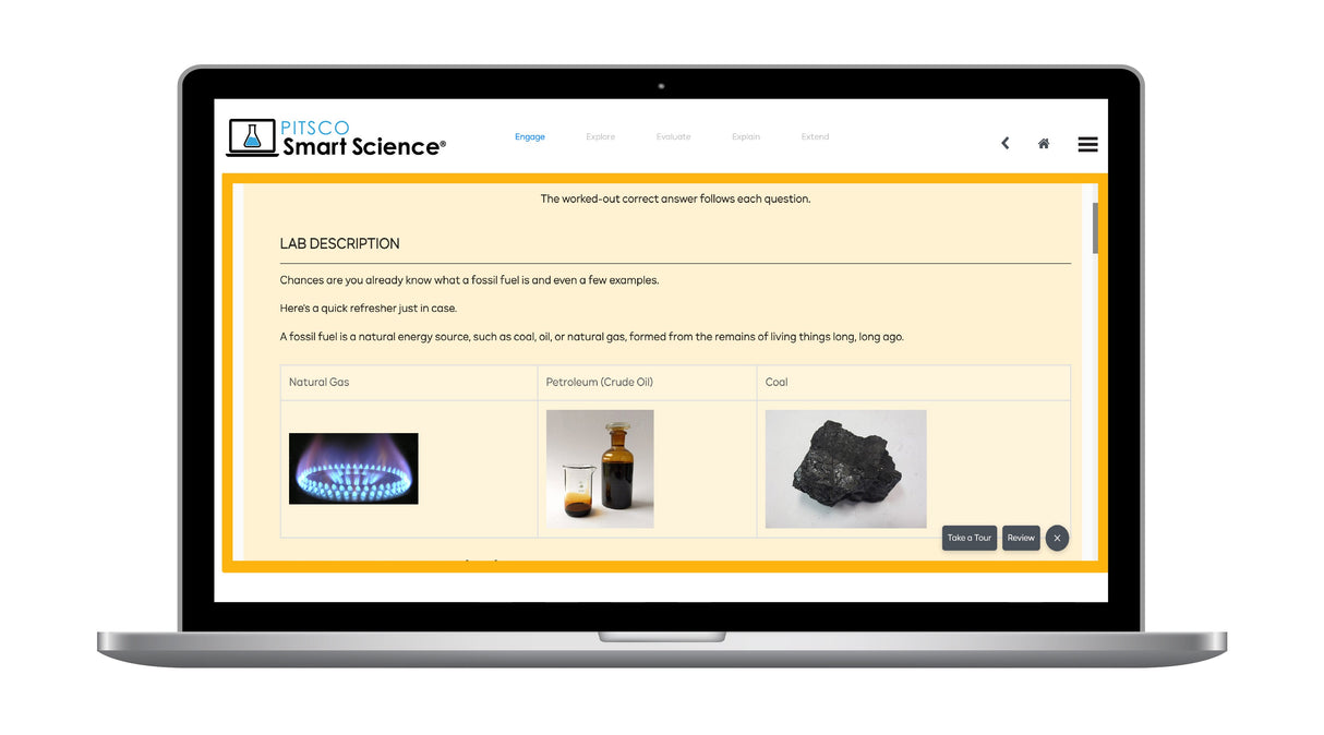 Laptop displaying a science education platform with images of a flame, bottle, and rock.
