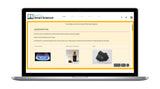 Laptop displaying a science education platform with images of a flame, bottle, and rock.