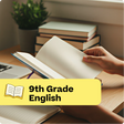 Person holding an open book with a stack of books and a laptop on a desk, labeled '9th Grade English'.