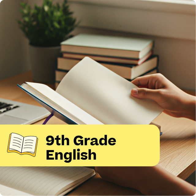 Person holding an open book with a stack of books and a laptop on a desk, labeled '9th Grade English'.