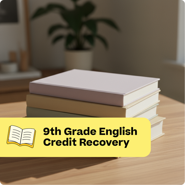 Stack of books on a table with '9th Grade English Credit Recovery' text overlay