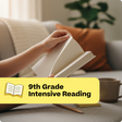 Person reading a book with a cup and pencil on a couch, labeled '9th Grade Intensive Reading'.