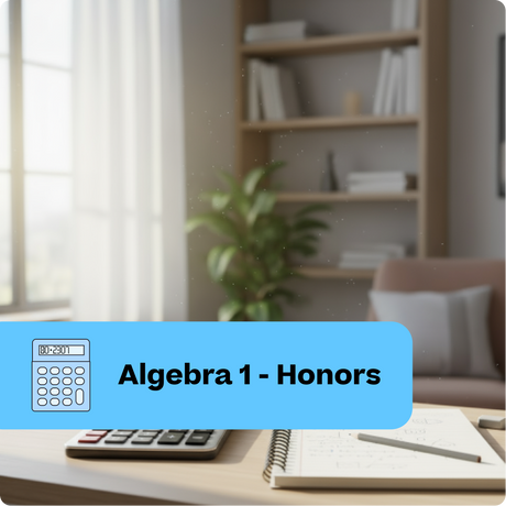 Desk with calculator, notebook, and pen in a room with a bookshelf and plant.