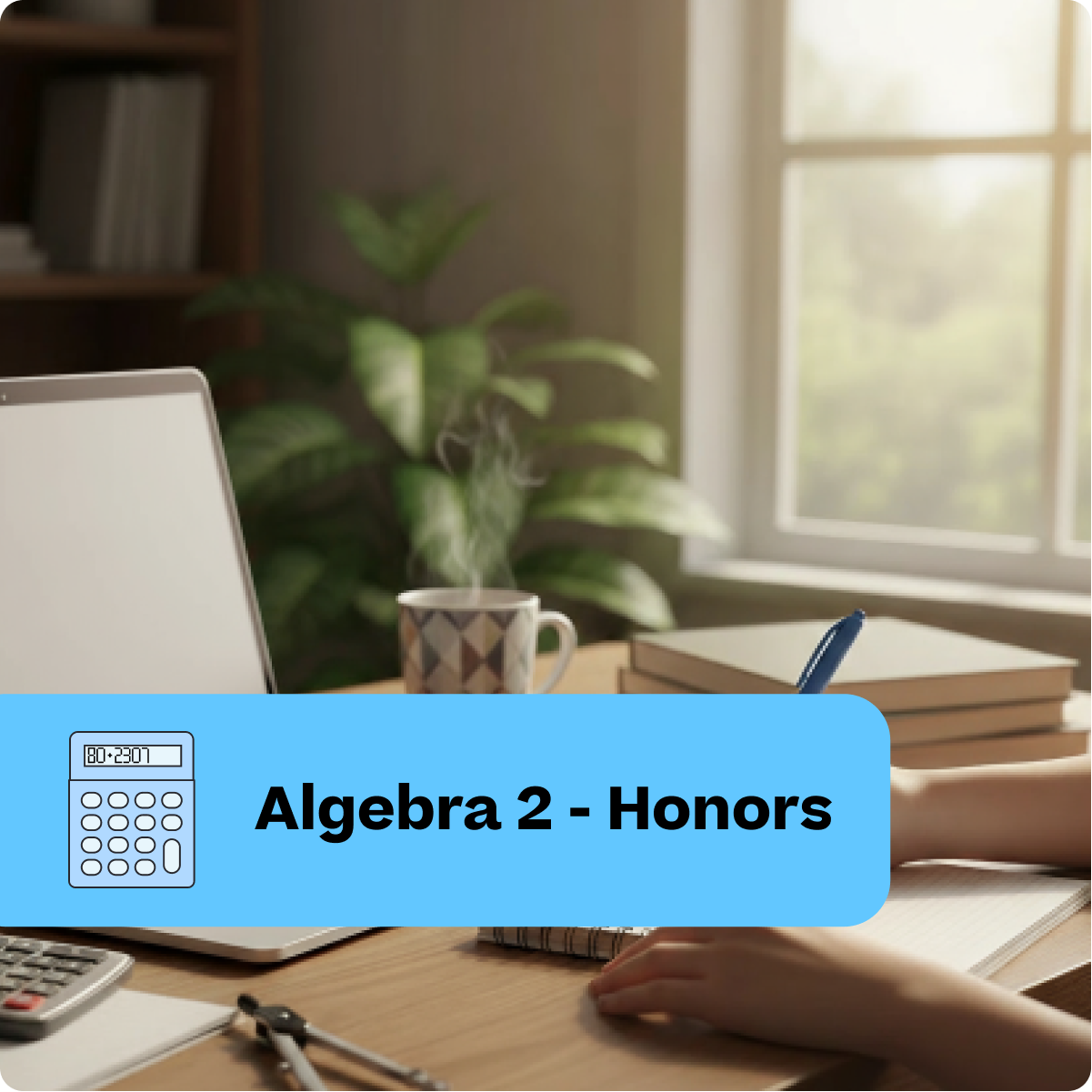 Laptop on a desk with books, a calculator, and a cup of coffee in a home office setting.