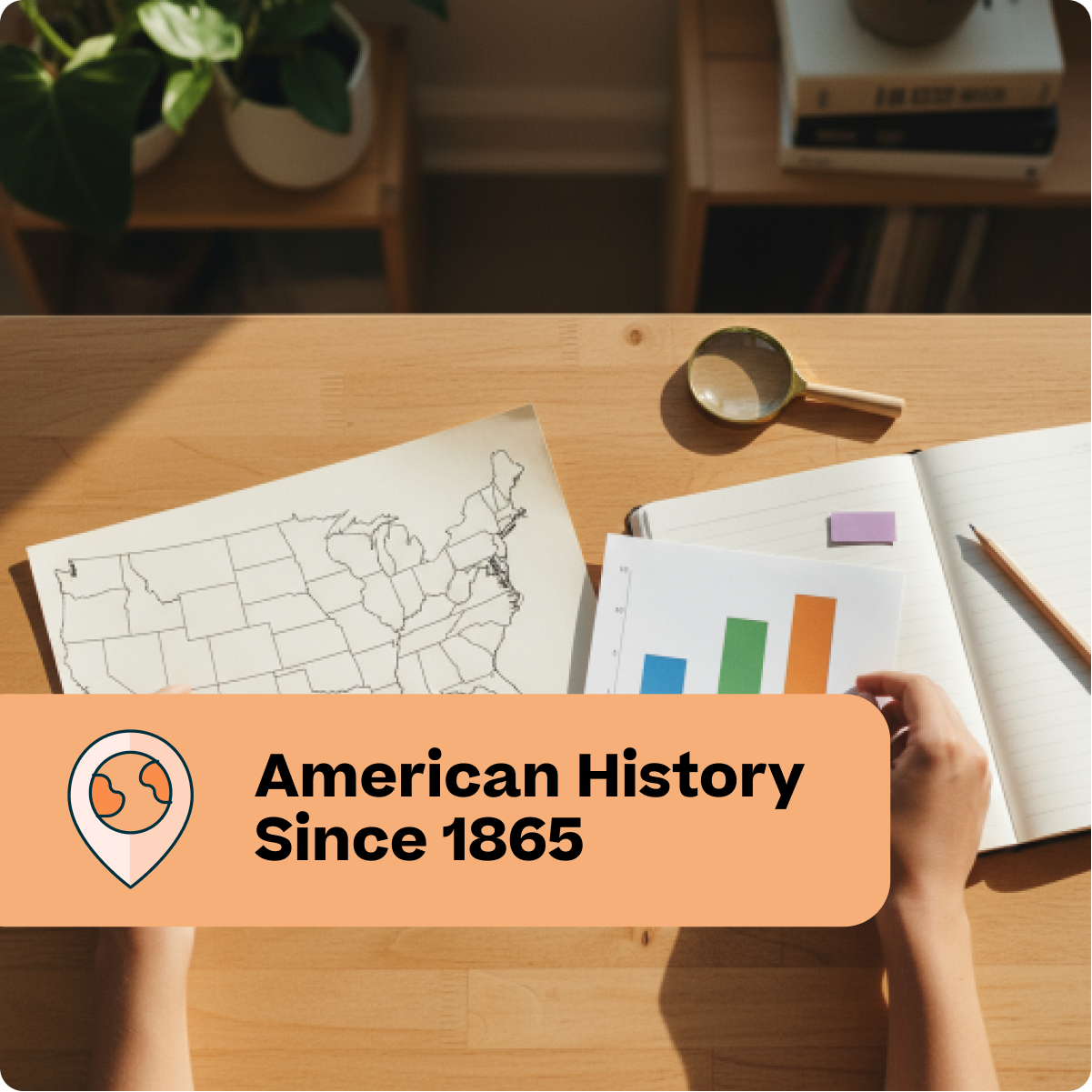 Person studying American history with a map and books on a wooden table.