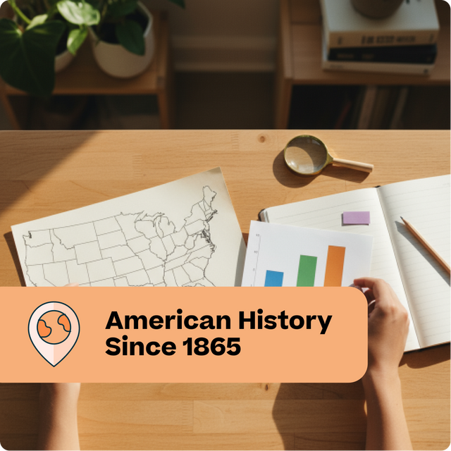 Person studying American history with a map and books on a wooden table.