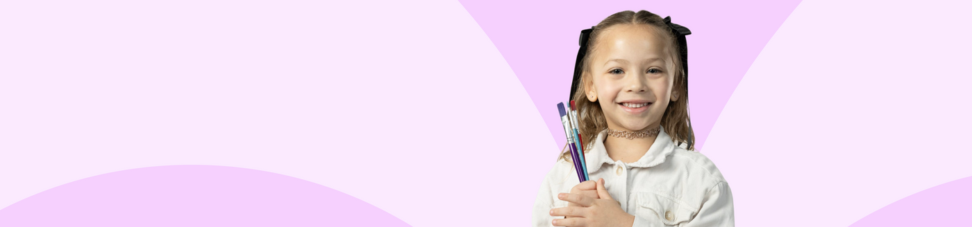 Young girl holding a pen against a light purple geometric patterned background
