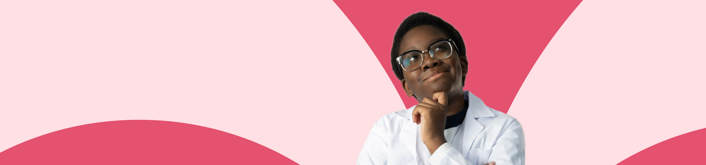 Person wearing glasses and a white shirt against a pink and white abstract background
