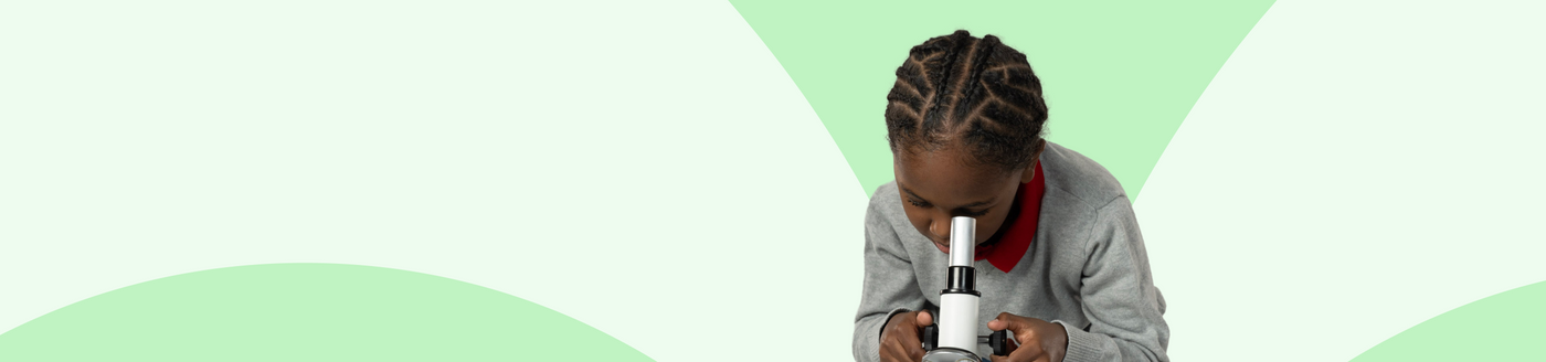 Child using a microscope with a green and white geometric background