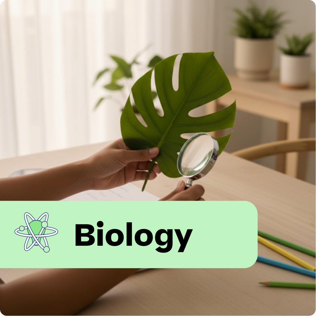 Person holding a leaf with a magnifying glass, labeled 'Biology', in a classroom setting.