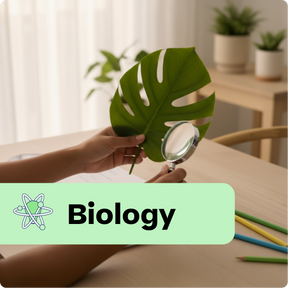 Person holding a leaf with a magnifying glass, labeled 'Biology', in a classroom setting.