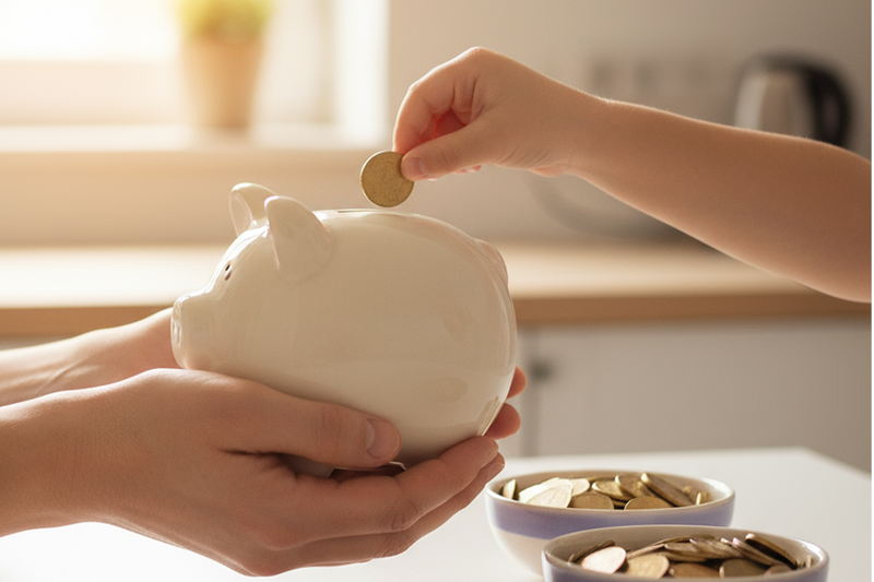 Person putting a coin into a piggy bank with more coins nearby