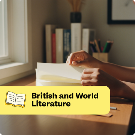 Person holding a book with 'British and World Literature' text overlay