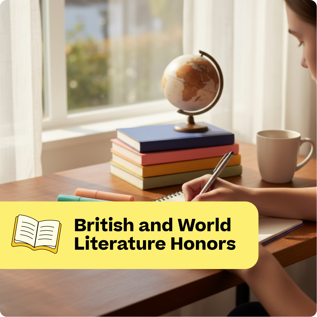 Person studying with books and a globe on a desk, with 'British and World Literature Honors' text overlay.
