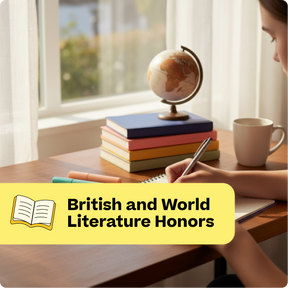 Person studying with books and a globe on a desk, with 'British and World Literature Honors' text overlay.