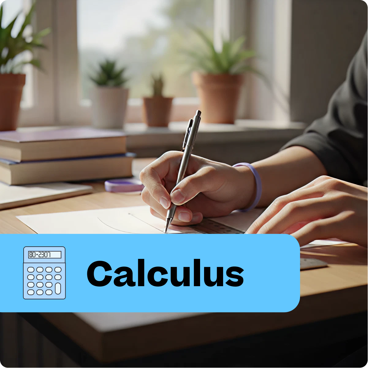 Person working on calculus problems with books and a calculator in the background