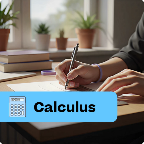 Person working on calculus problems with books and a calculator in the background