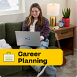 Person using a laptop with a 'k12' logo on a couch, with 'Career Planning' text overlay.