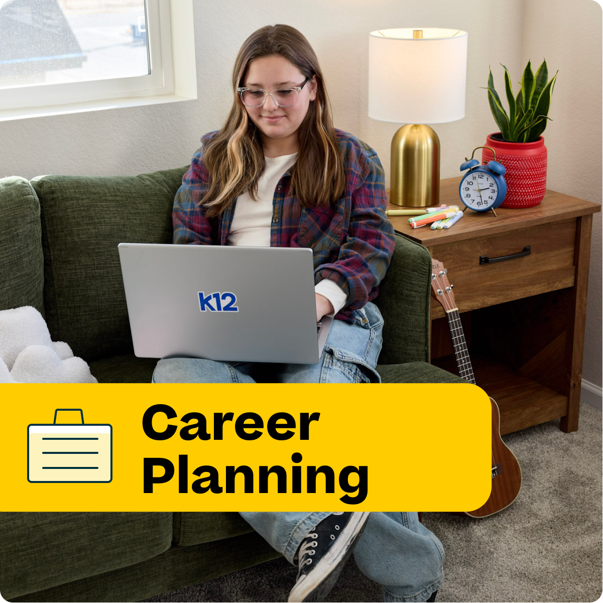 Person using a laptop with a 'k12' logo on a couch, with 'Career Planning' text overlay.