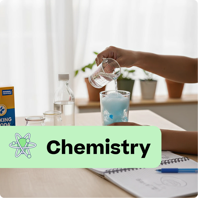 Person conducting a chemistry experiment with lab equipment on a table.