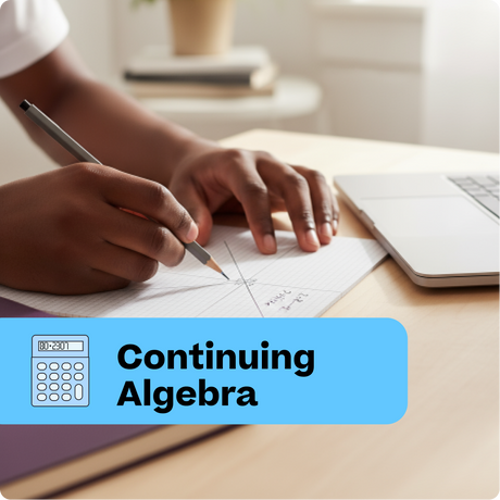 Person working on algebra problems with a calculator and laptop on a desk.