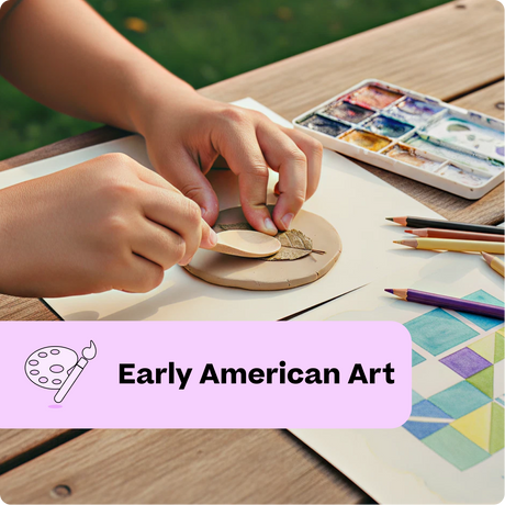 Person working on a craft project with art supplies on a table, labeled 'Early American Art'.