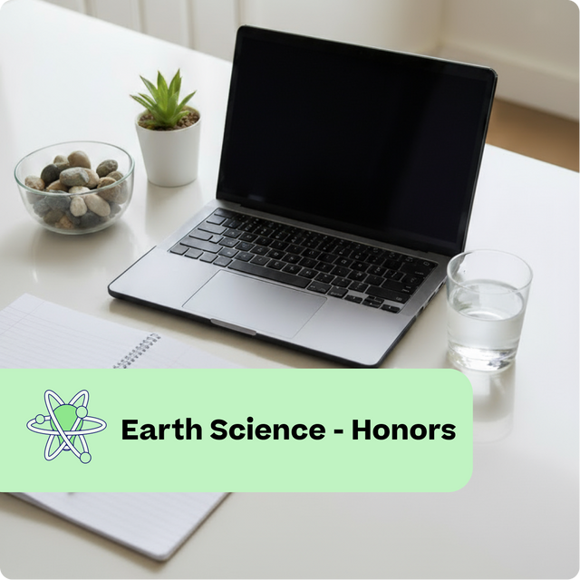 Laptop on a desk with a notebook, plant, and glass of water, labeled 'Earth Science - Honors'.