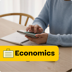 Person using a calculator with an economics label on a table