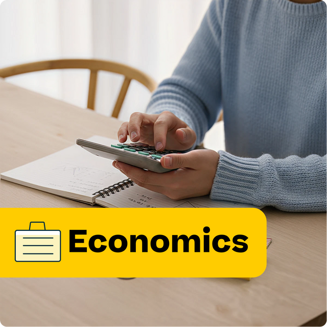 Person using a calculator with an economics label on a table