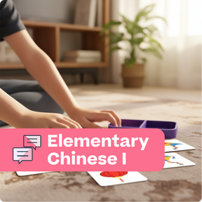 Person playing a language learning card game with text 'Elementary Chinese I' on a pink banner.